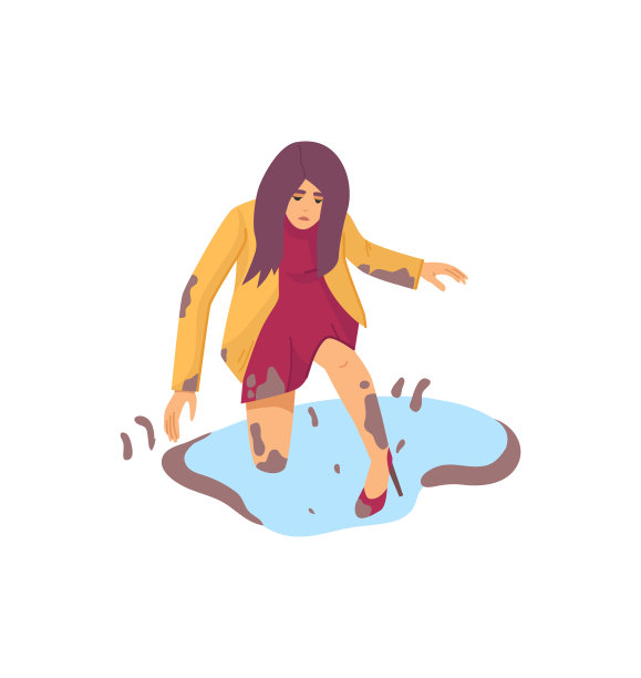 自然灾害严重，天气恶劣，环境条件恶劣。女孩绊了一跤，掉进了一滩泥泞的卡通矢量图片下载
