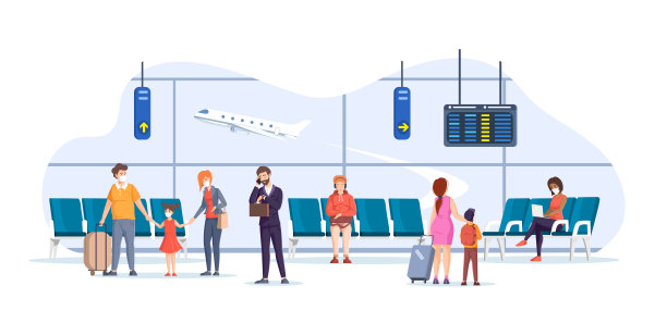 新冠肺炎疫情期间在机场候机楼佩戴医用口罩的人员。旅客携带行李在机场内部延误至航班起飞。商务旅行和度假图片下载