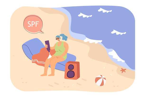 女孩坐在沙滩上，用防晒霜平矢量插画图片下载