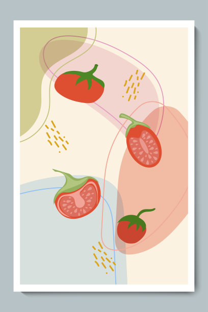 西红柿。新鲜切片和全蔬菜。手绘彩色番茄简单的形状，黄金线。图片下载