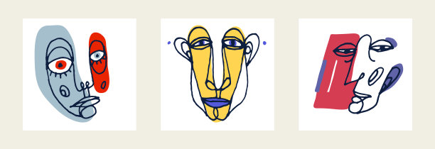 抽象人脸矢量人像集，抽象艺术人的头部，手绘最小现代艺术品，绘制人类的脸部抽象。图片下载