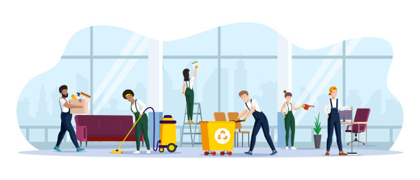清洁服务，多元化的团队在现代办公室工作。共同工作中心的卫生清洁工作图片下载