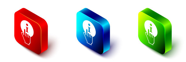 等距信息图标孤立在白色背景。红色，蓝色和绿色的方形按钮。向量图片下载