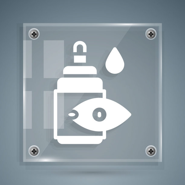 白色滴眼液瓶图标孤立在灰色背景。方形玻璃面板。向量图片下载