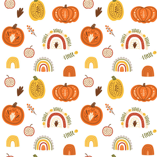 秋天彩虹南瓜图案可爱的秋天无缝背景。感恩节pumpking模式。彩虹,收获图片下载