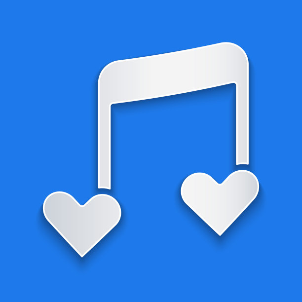 剪纸音乐音符，色调与心图标孤立在蓝色背景。情人节。纸艺术风格。向量图片下载