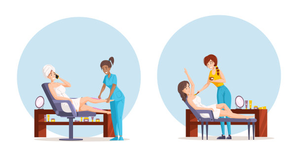 收集美容水疗程序在沙龙脱毛。女性美容师的工作与客户，腋窝shugshug，脱毛女性腿部和身体脱毛和腿部使用设备图片下载