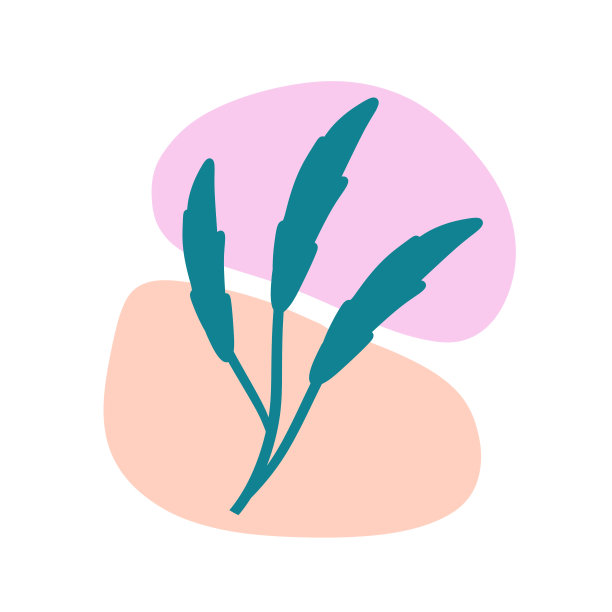 植物背景上有彩色斑点。蓝色植物枝，红紫色几何抽象图案，极简主义风格。涂鸦的对象图片下载