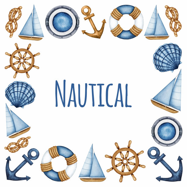 水彩航海框架。海上边界有帆船、方向盘、锚、救生圈、绳索。为文本复制空间。手绘海事托儿所背景图片下载