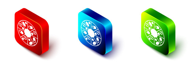 药丸胶囊的等距维生素复合物，图标孤立在白色背景上。健康的生活方式。红色，蓝色和绿色的方形按钮。向量图片下载