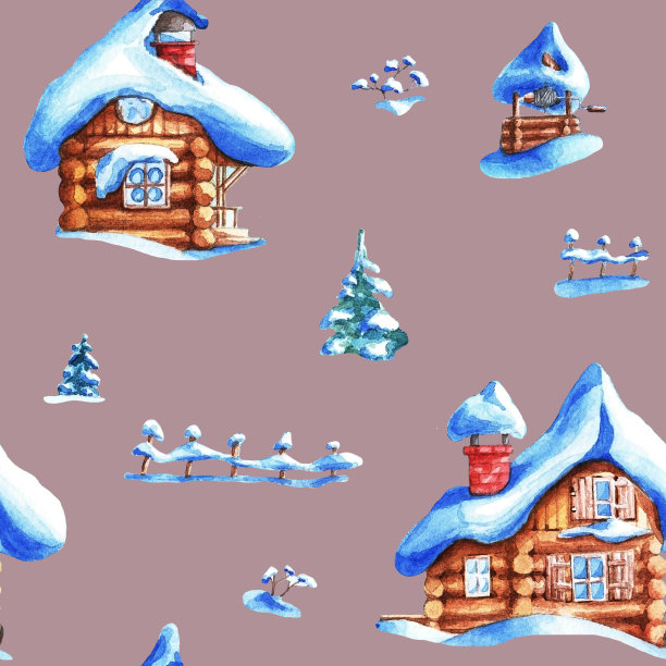 冬天的风景。无缝模式。水彩(7)图片下载
