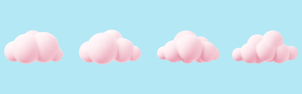 粉红色的3d云孤立在蓝色背景上。渲染魔法日落云图标在蓝色的天空。3d几何形状矢量插图。图片下载