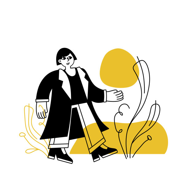 女人的外套。女性人物穿着休闲的秋装。女孩在抽象的公园里散步。勾勒流行漫画插图图片下载