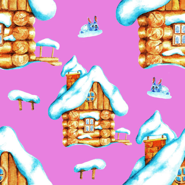 木屋。无缝模式。水彩(4)图片下载