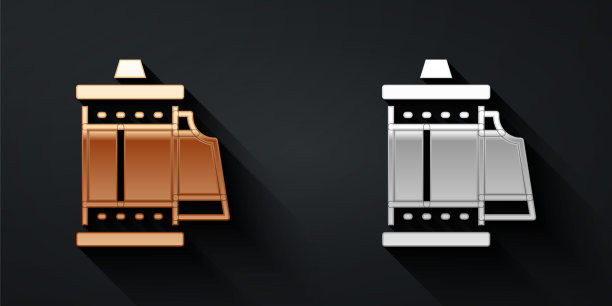 金色和银色相机老式胶卷墨盒图标孤立在黑色背景上。35毫米电影罐。幻灯片摄影设备。长长的阴影风格。向量图片下载