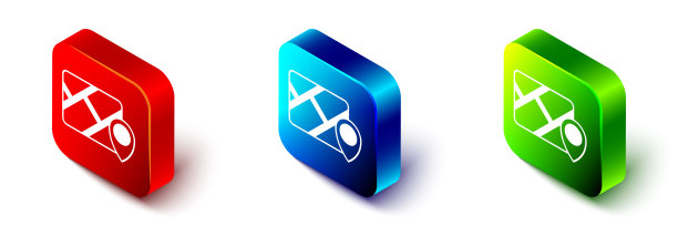 城市地图导航图标孤立在白色背景上的等距信息图。手机应用界面概念设计。Geolacation概念。红色，蓝色和绿色的方形按钮。向量图片下载