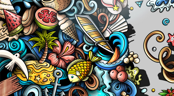 夏日沙滩手绘涂鸦横幅。卡通矢量详细传单。图片下载