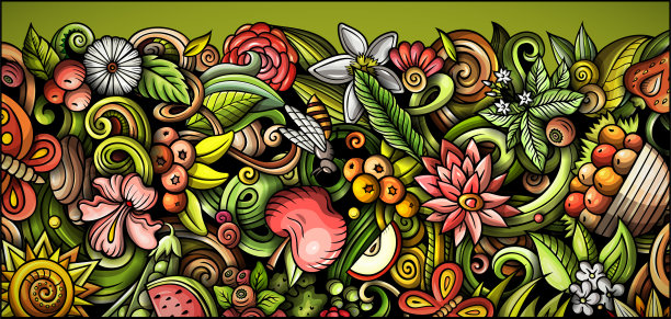 夏日自然手绘涂鸦旗帜。卡通矢量详细传单。图片下载