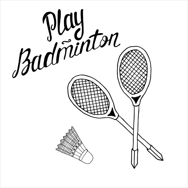 羽毛球拍和羽毛球打羽毛球矢量艺术图标插图孤立在白色的背景。手绘羽毛球字，矢量插图。羽毛球刻字。运动器材。贺卡、海报、徽章之装饰。图片下载