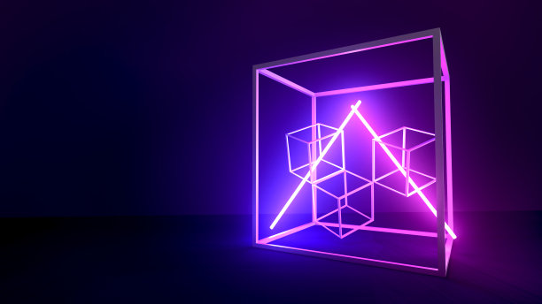 抽象的四组立方体框架在暗色背景下用蓝色和紫色的霓虹灯装饰，三维渲染图片下载
