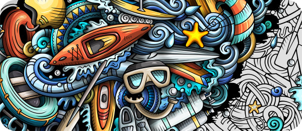 水上运动手绘涂鸦横幅。卡通矢量详细传单。图片下载