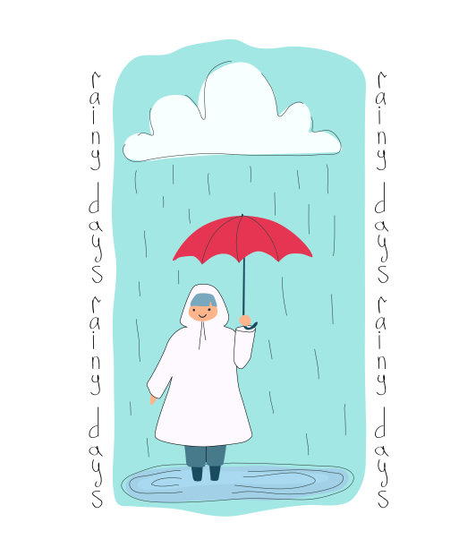 一个可爱的小女孩站在一把伞下的水坑里。雨中的孩子。雨天涂鸦。图片下载