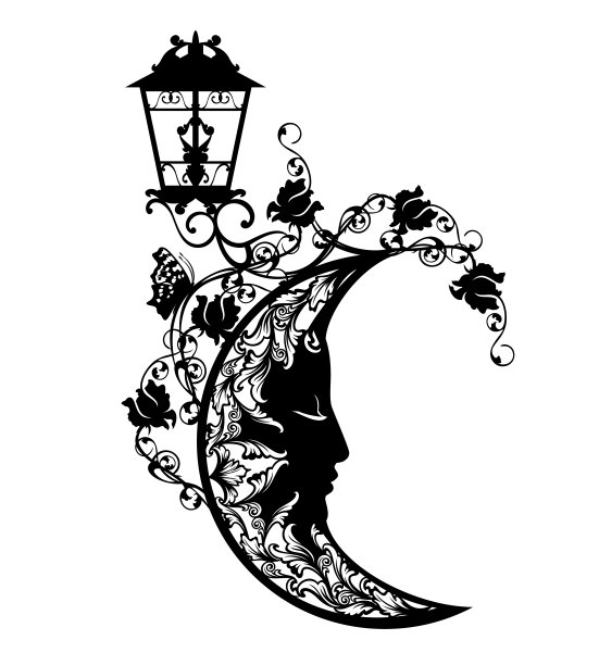 睡月牙和路灯黑白花矢量设计图片下载