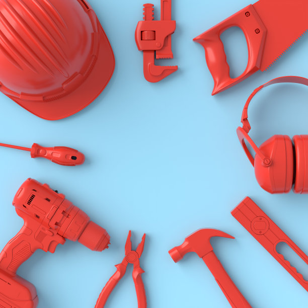 俯视图的单色施工工具的修复上的蓝色和红色图片下载