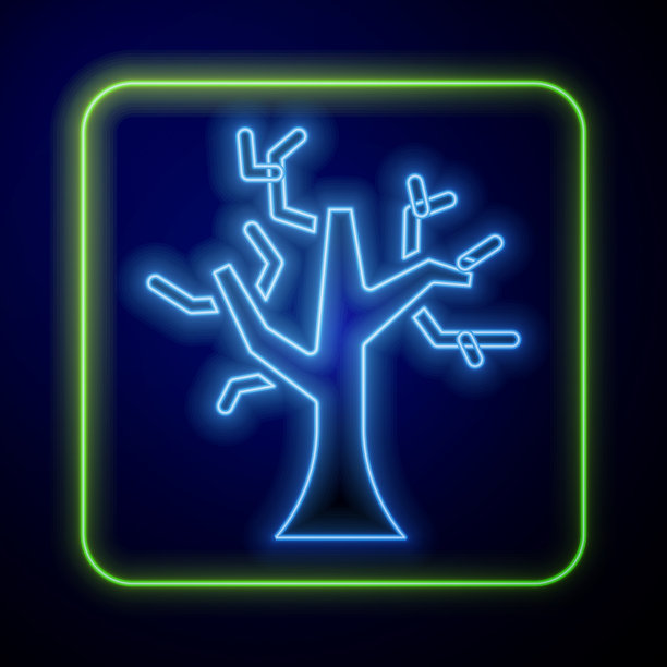 发光的霓虹灯枯萎的树图标孤立在蓝色图片下载