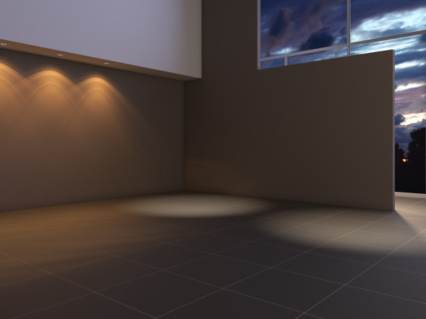 现代空室内与棕色墙壁，地板上的棕色瓷砖，射灯和一个大的地板到天花板的窗户图片下载