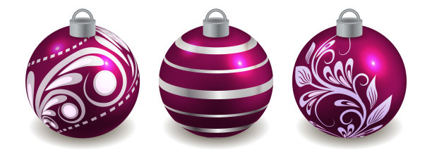 一套圣诞球孤立在白色，紫色与银色装饰。为新年或圣诞树设计装饰图案的玩具。图片下载
