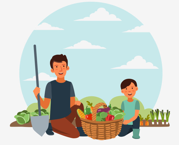 快乐的家庭在花园里用一个装满新鲜蔬菜的篮子:卷心菜，辣椒，番茄，胡萝卜，玉米，花椰菜和茄子的卡通风格图片下载