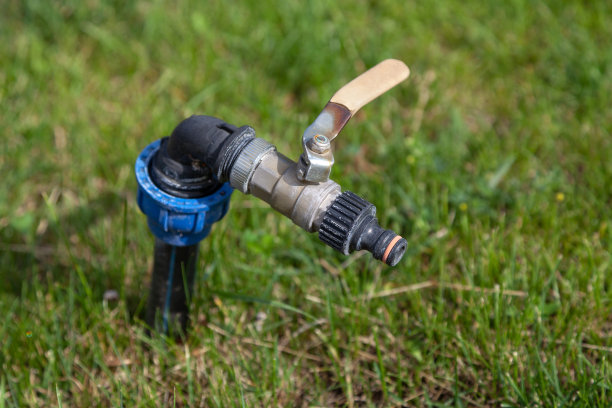 水灌溉水龙头在草坪中央的特写图片下载
