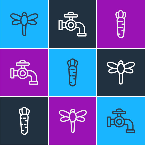 设定线蜻蜓胡萝卜和水龙头图标图片下载