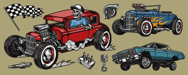 复古定制汽车和部件组成图片下载