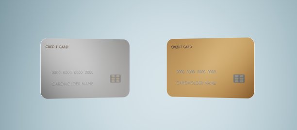 金色和银色的信用卡模型在透视角度视图。塑料空白模板与芯片，支付金融工具的网上购物孤立在蓝色背景。逼真的3 d演示图片下载