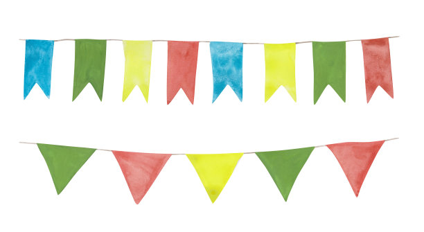 一组2花环孤立在一个白色的背景。丰富多彩的生日装饰。鲜艳的节日旗帜插图。黄色，红色，蓝色和绿色的装饰为狂欢节。图片下载