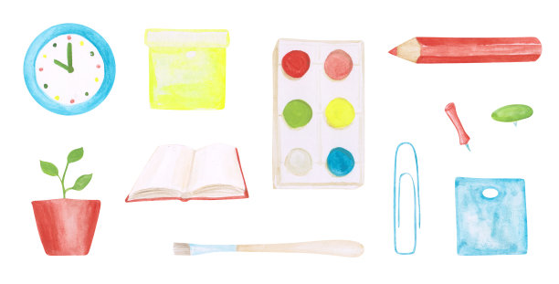 水彩学校配件孤立在一个白色的背景。画笔、蓝色手表、盒子、夹子、铅笔、一堆颜色和一本打开的书。艺术品。手绘工具的创造力。图片下载