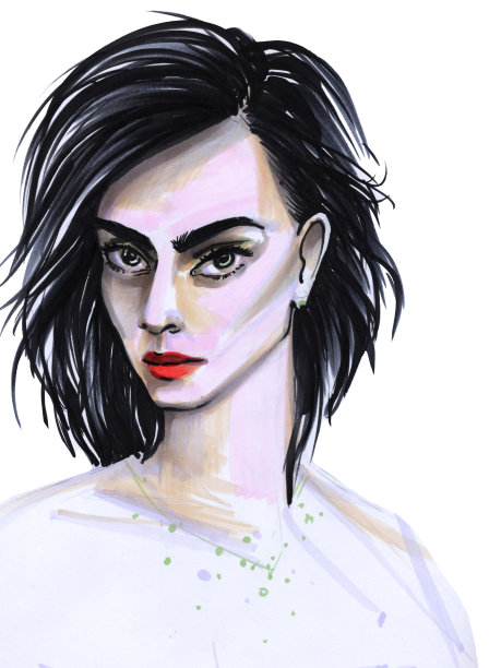 素描插图的一个女人的肖像与黑色的头发和绿色的眼睛，红色的嘴唇在一个白色的背景图片下载