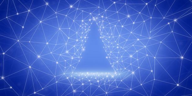 在蓝色低聚点和线的背景下，圣诞树的剪影图片下载