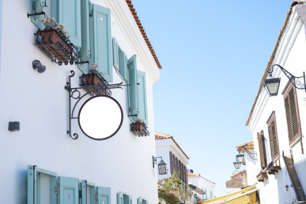 复古房屋墙面上的循环白光箱标志模型及剪切路径图片下载