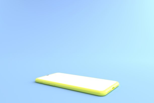 3 d渲染。蓝色地板上的黄色智能手机。手机放在地上。和智能手机白屏可用于商业广告，孤立在蓝色背景，插图。图片下载