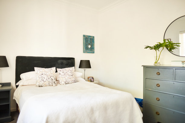 舒适的床和抽屉在一个现代的卧室图片下载