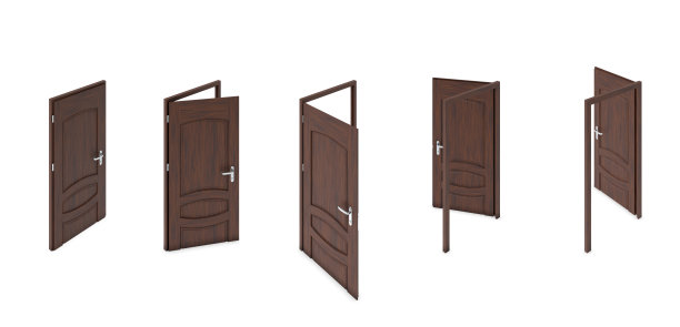 平面封闭和开放的门的等距集合。三维渲染图片下载