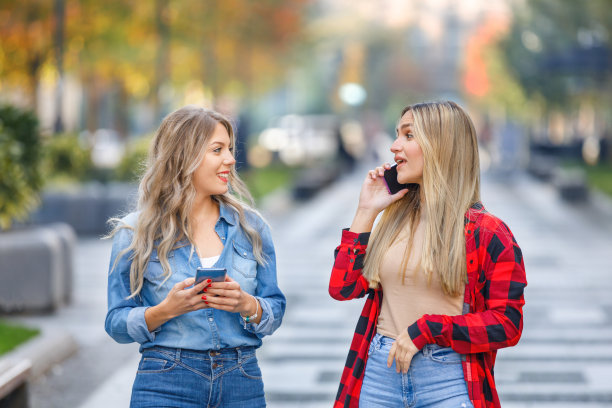 一对迷人的女人正在大街上用手机自拍。图片下载