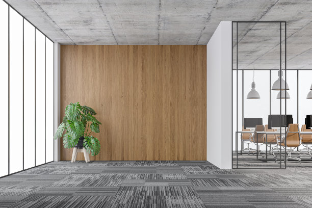 大办公室内部:休息室角落，玻璃门后有复印空间和办公桌图片下载