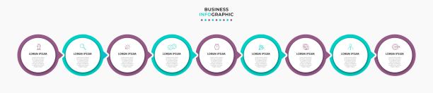 矢量信息图形设计插图业务模板与图标和9个选项或步骤。可用于流程图，演示文稿，工作流布局，横幅，流程图，信息图图片下载