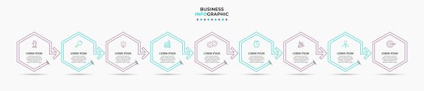 矢量信息图形设计插图业务模板与图标和9个选项或步骤。可用于流程图，演示文稿，工作流布局，横幅，流程图，信息图图片下载