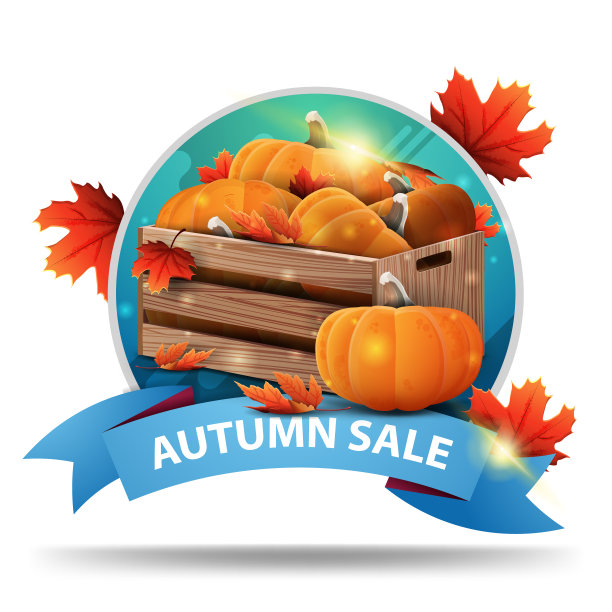 秋季销售，圆形折扣可点击的网站横幅丝带为您的网站或业务与成熟的南瓜和秋天的屋檐木箱图片下载