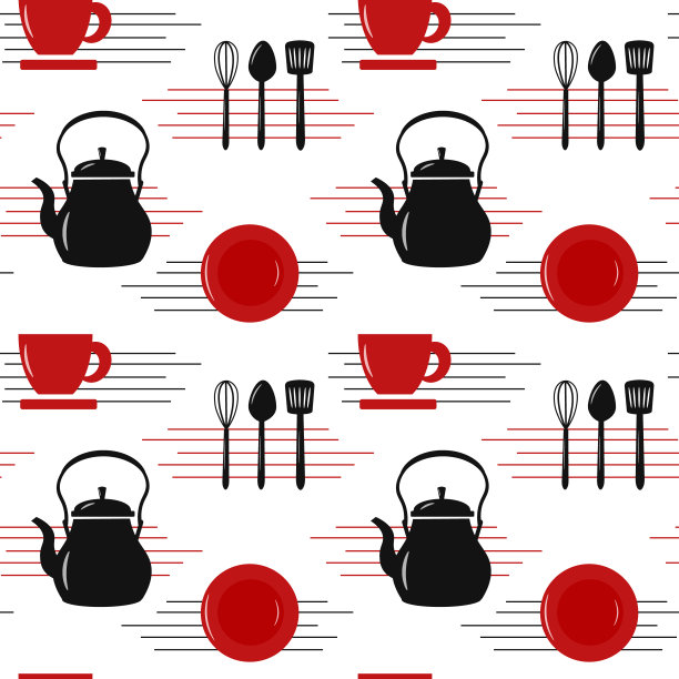 餐具图案-茶壶，杯子，厨房工具。矢量插图。图片下载